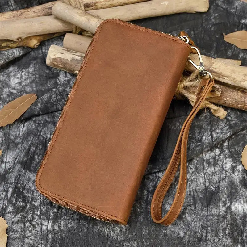 Luufan Vintage Crazy Horse Leather Men Women Long Purse Wallet Credit Card Double Zip Wallets Long Wallet Male Clutch Purse