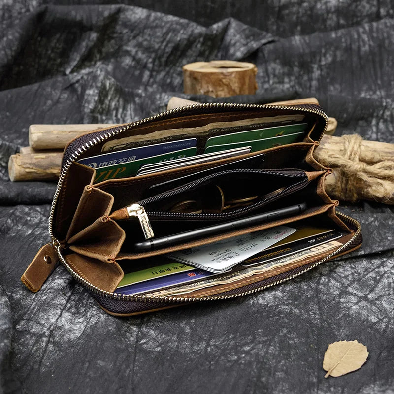 Luufan Vintage Crazy Horse Leather Men Women Long Purse Wallet Credit Card Double Zip Wallets Long Wallet Male Clutch Purse