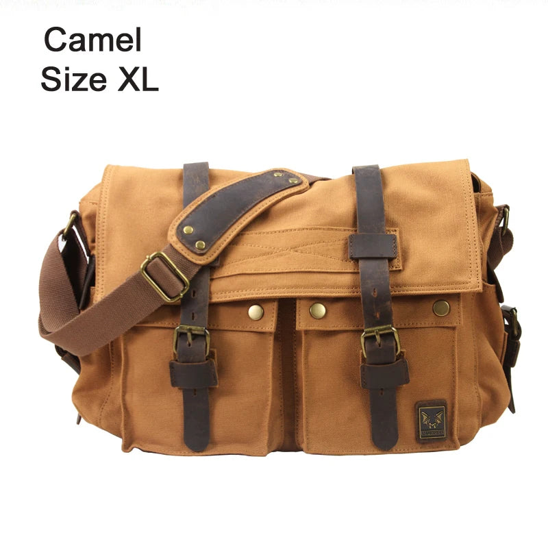 New Fashion Vintage Leather Canvas Men's Messenger Bag Cotton Canvas Crossbody Bag Men Shoulder Bag Sling Casual Bag Leisure