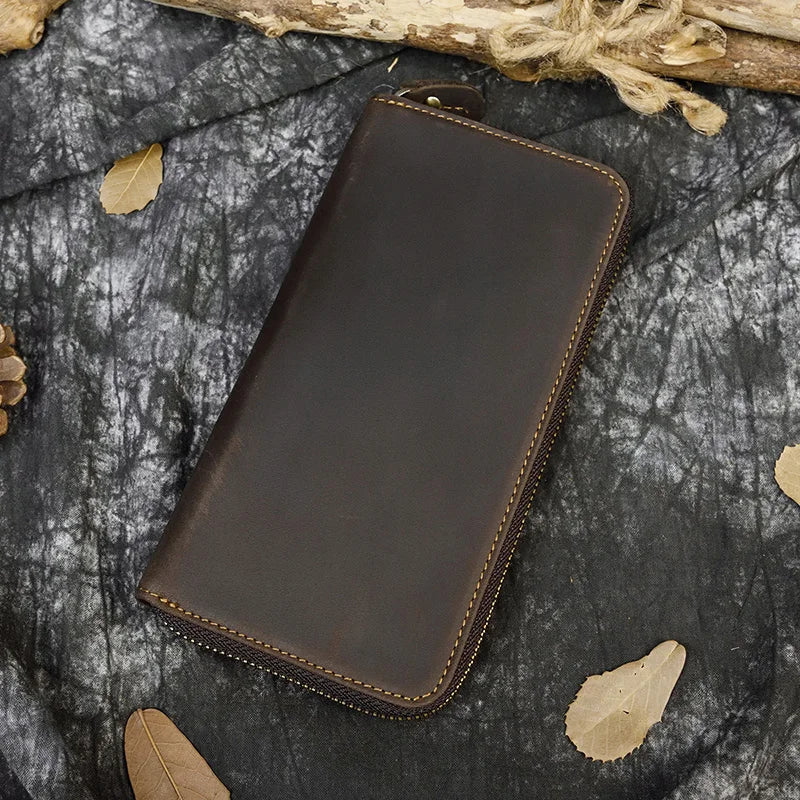 Luufan Vintage Crazy Horse Leather Men Women Long Purse Wallet Credit Card Double Zip Wallets Long Wallet Male Clutch Purse
