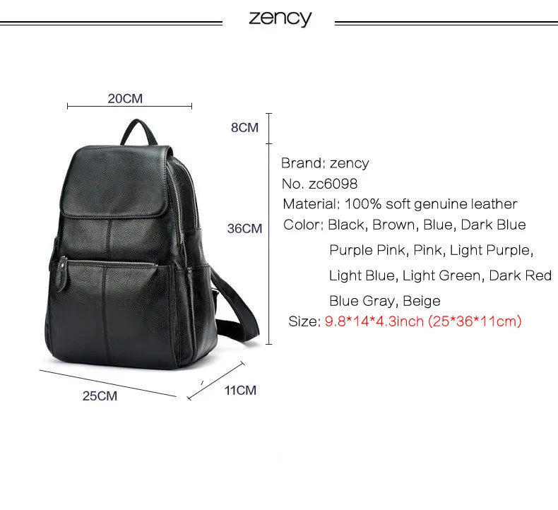 Zency Stylish Black White Genuine Leather Women Backpack A++ Quality Anti-theft Large Capacity Knapsack Travel Designer Rucksack