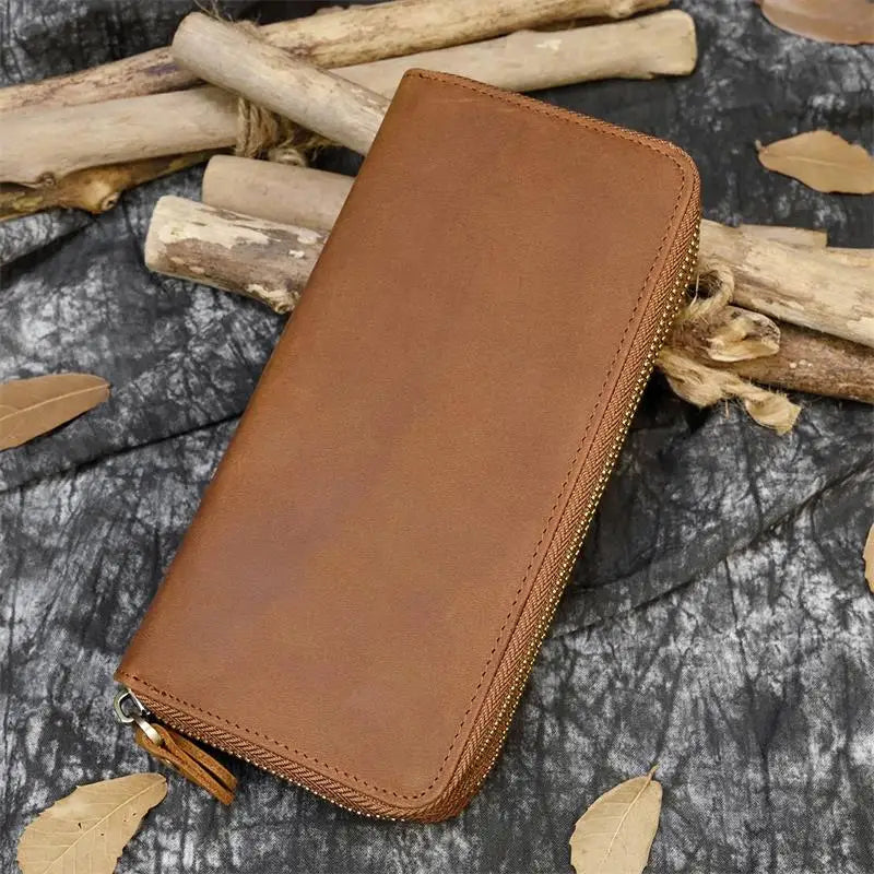 Luufan Vintage Crazy Horse Leather Men Women Long Purse Wallet Credit Card Double Zip Wallets Long Wallet Male Clutch Purse
