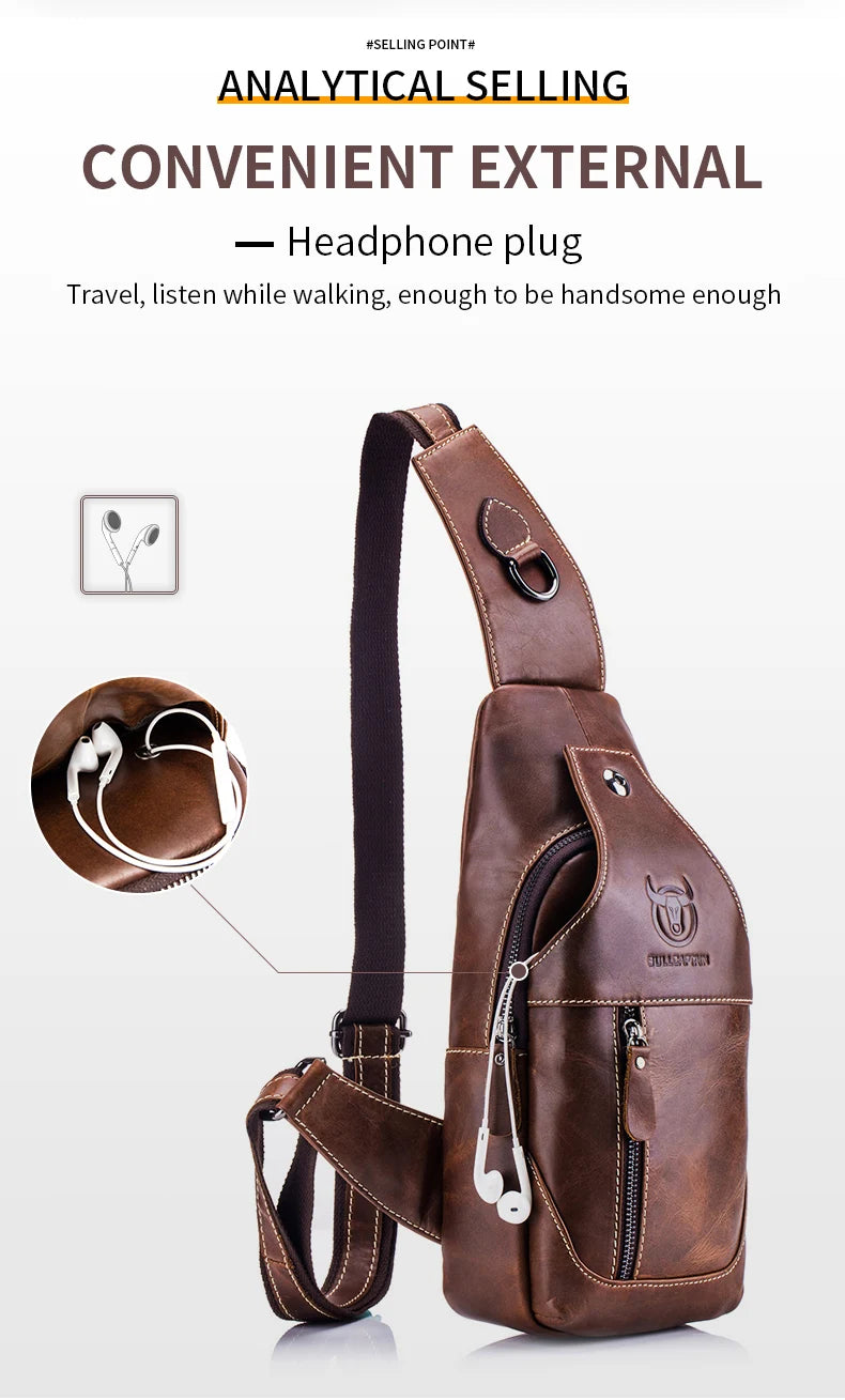 BULLCAPTAIN  Leather Messenger Bags Men's Casual Bag For Men Chest Bag Brand Designer Multi-Function Headphone Jack Chest Pack