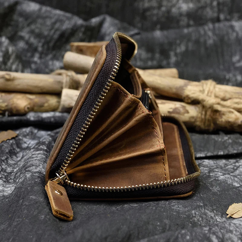 Luufan Vintage Crazy Horse Leather Men Women Long Purse Wallet Credit Card Double Zip Wallets Long Wallet Male Clutch Purse