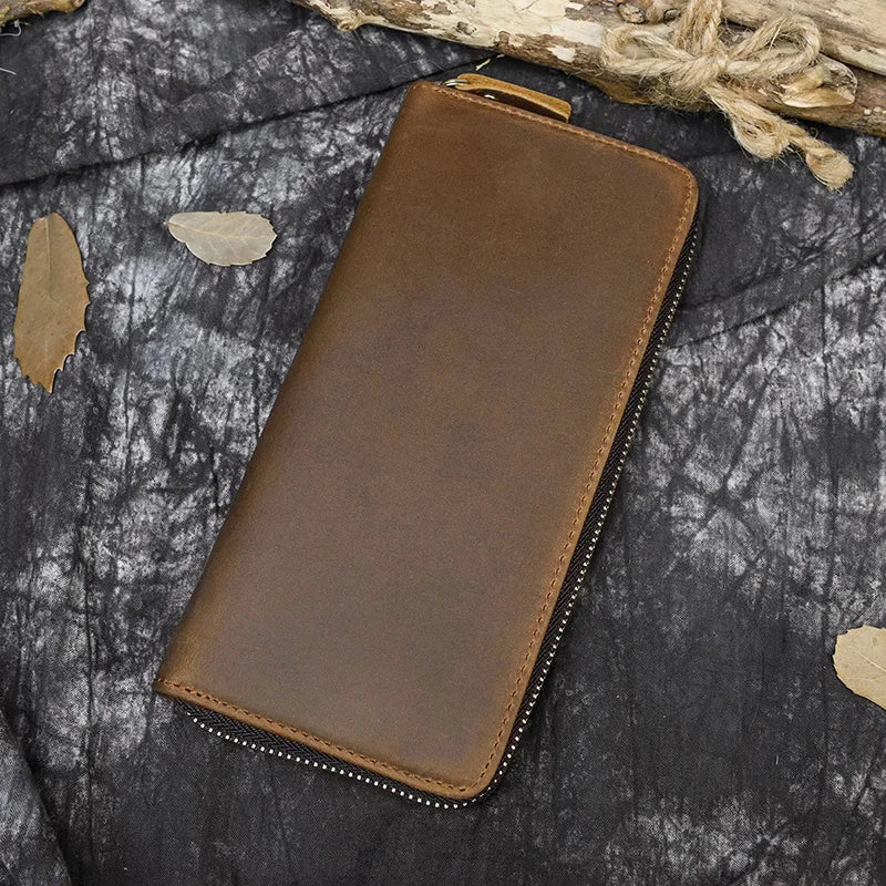 Luufan Vintage Crazy Horse Leather Men Women Long Purse Wallet Credit Card Double Zip Wallets Long Wallet Male Clutch Purse