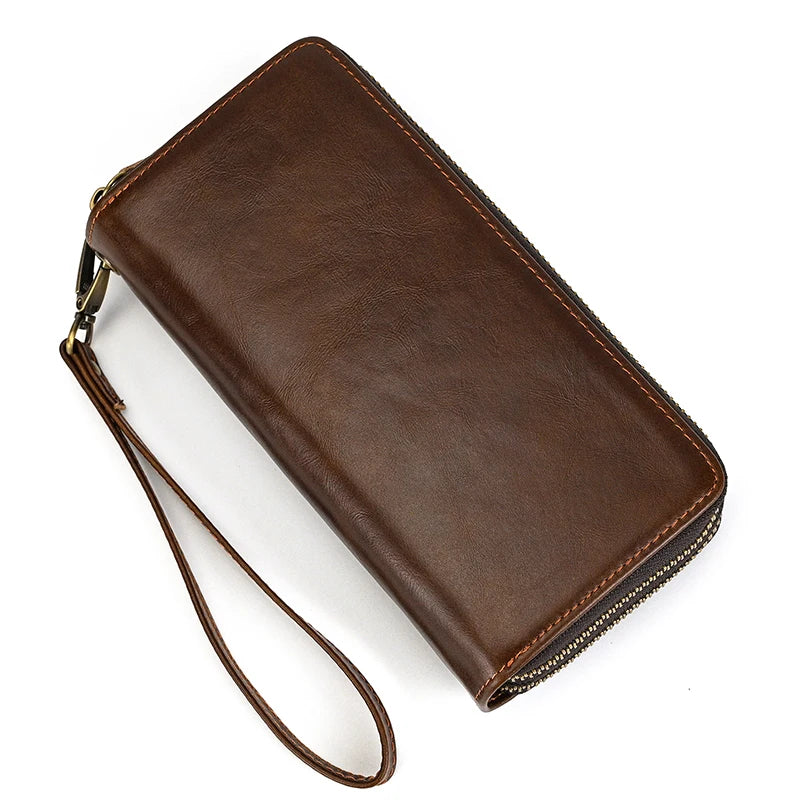 Luufan Vintage Crazy Horse Leather Men Women Long Purse Wallet Credit Card Double Zip Wallets Long Wallet Male Clutch Purse