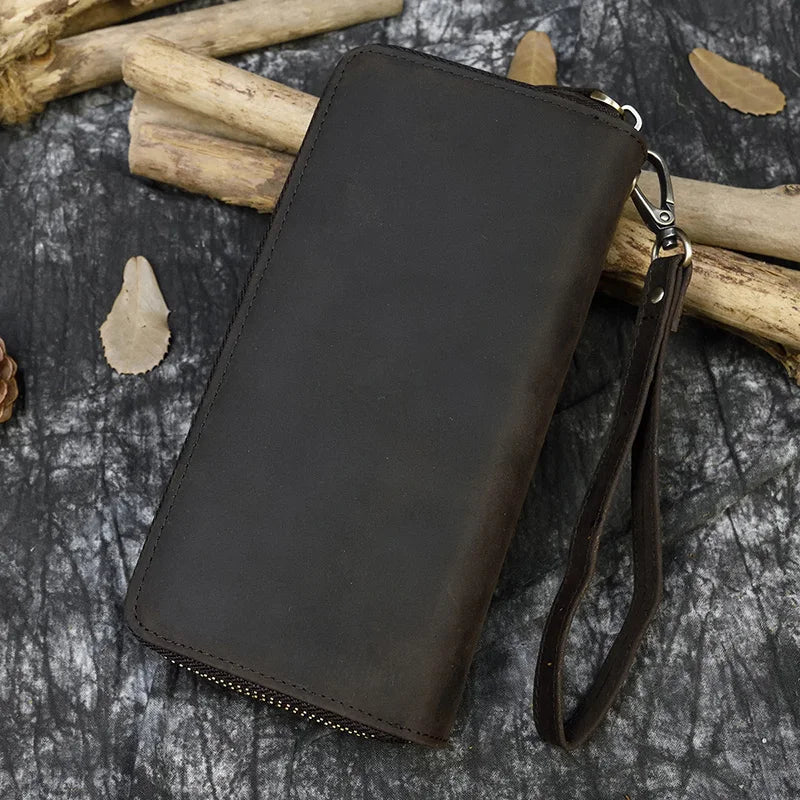 Luufan Vintage Crazy Horse Leather Men Women Long Purse Wallet Credit Card Double Zip Wallets Long Wallet Male Clutch Purse