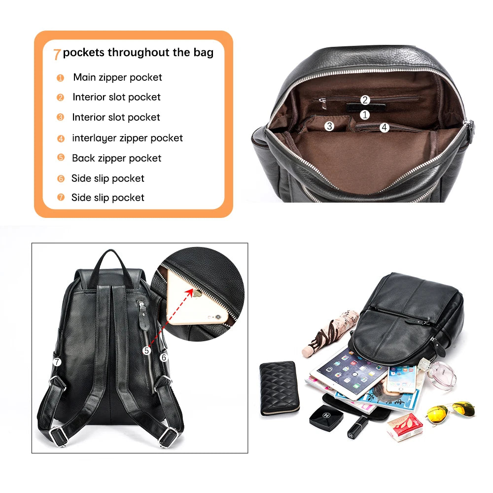 Zency Stylish Black White Genuine Leather Women Backpack A++ Quality Anti-theft Large Capacity Knapsack Travel Designer Rucksack