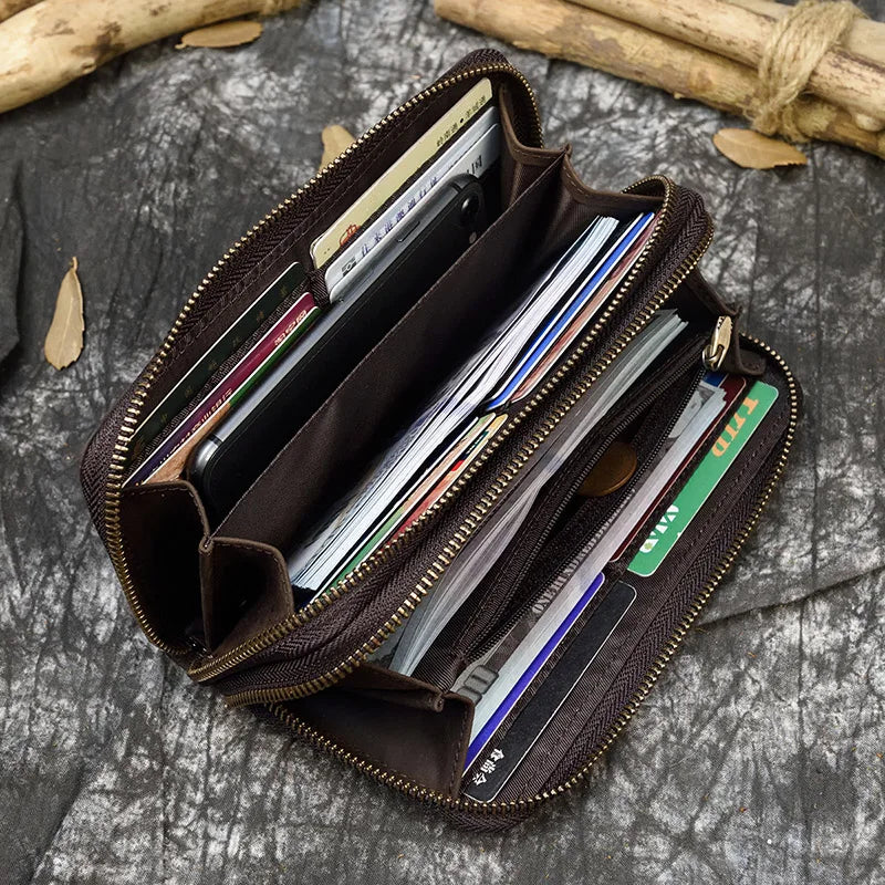 Luufan Vintage Crazy Horse Leather Men Women Long Purse Wallet Credit Card Double Zip Wallets Long Wallet Male Clutch Purse