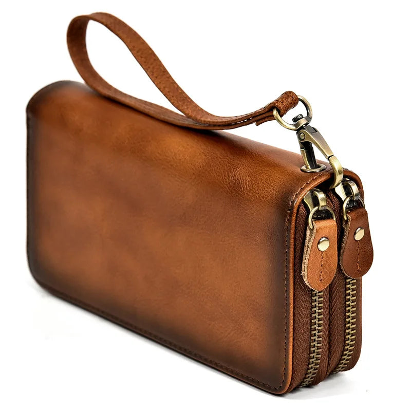 Luufan Vintage Crazy Horse Leather Men Women Long Purse Wallet Credit Card Double Zip Wallets Long Wallet Male Clutch Purse