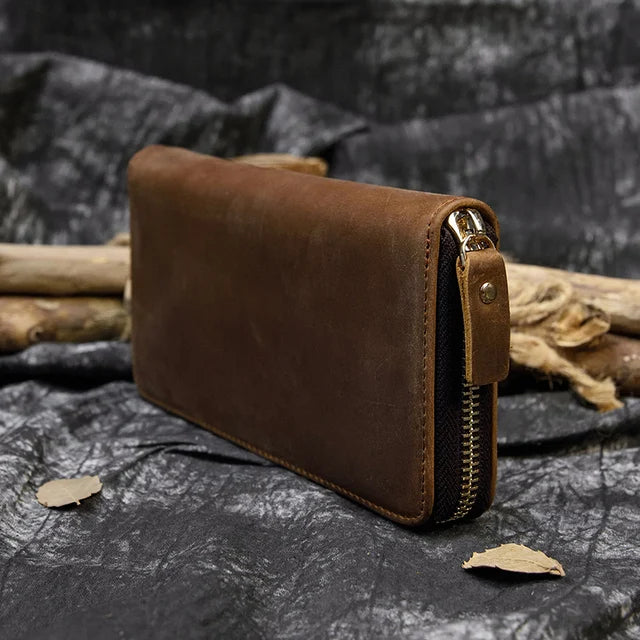 Luufan Vintage Crazy Horse Leather Men Women Long Purse Wallet Credit Card Double Zip Wallets Long Wallet Male Clutch Purse