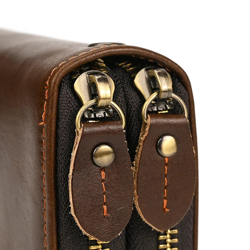 Luufan Vintage Crazy Horse Leather Men Women Long Purse Wallet Credit Card Double Zip Wallets Long Wallet Male Clutch Purse