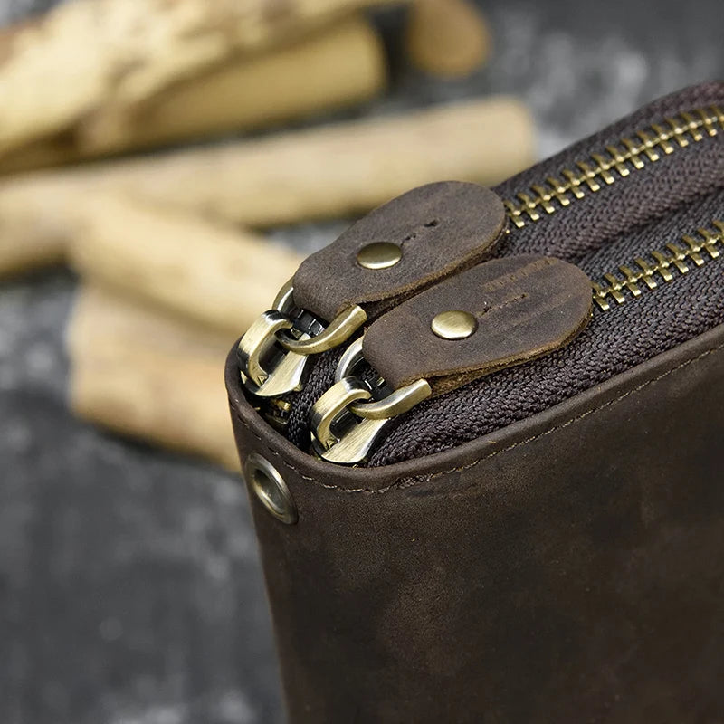 Luufan Vintage Crazy Horse Leather Men Women Long Purse Wallet Credit Card Double Zip Wallets Long Wallet Male Clutch Purse
