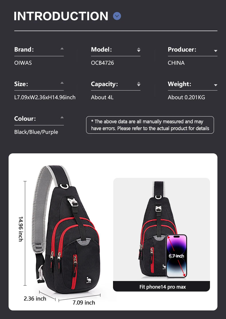 OIWAS Casual Crossbody Chest Bag Sling Shoulder Men's Bag One Strap Lightweight Male Bags Pouch DayPack for Men Travel Sport