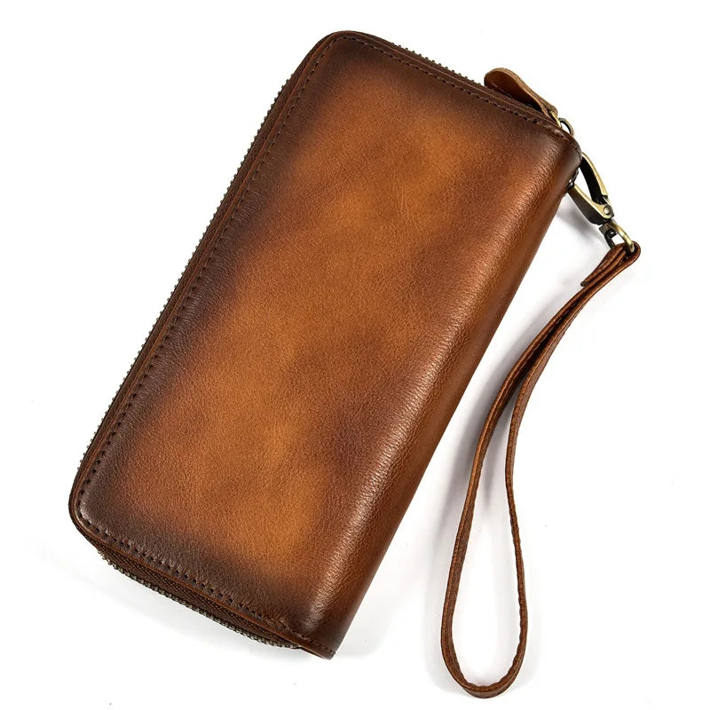 Luufan Vintage Crazy Horse Leather Men Women Long Purse Wallet Credit Card Double Zip Wallets Long Wallet Male Clutch Purse