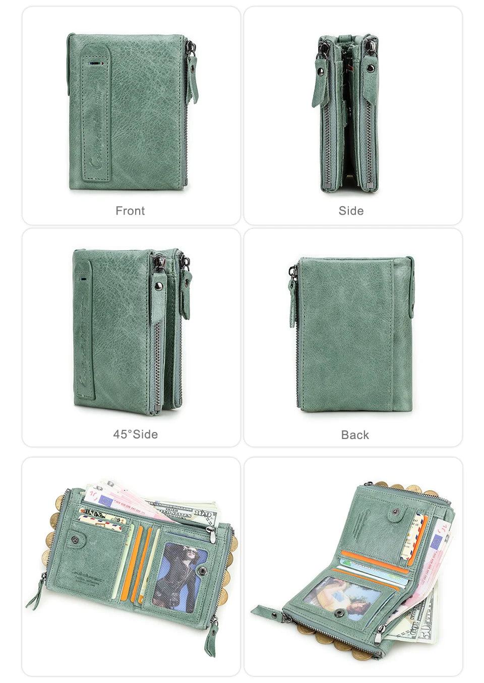 Fashion Genuine Leather Women Wallet Bi-fold Wallets Red ID Card Holder Coin Purse With Double Zipper Small Women's Purse 2022