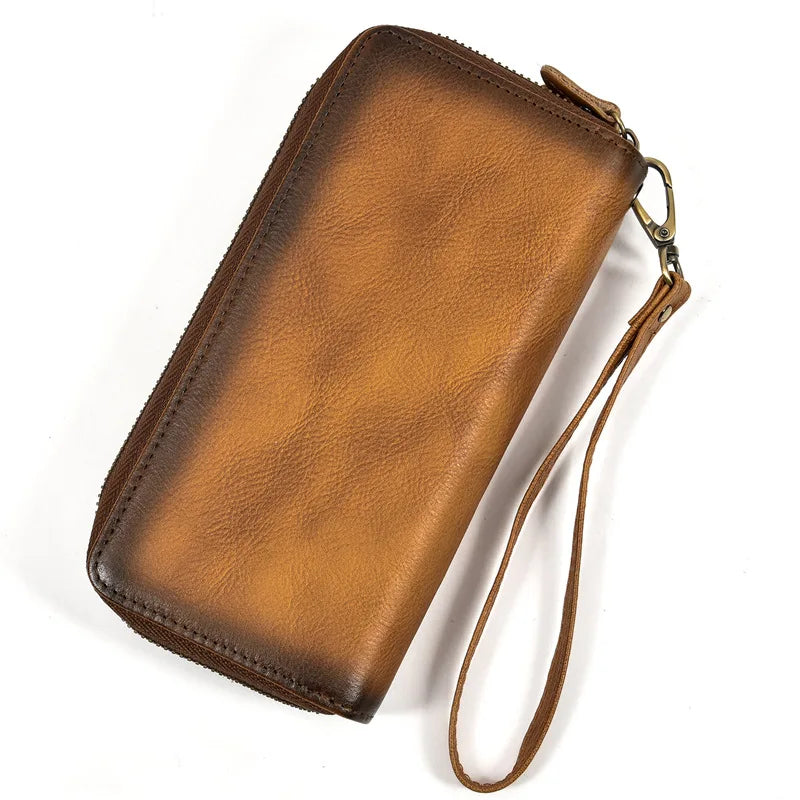 Luufan Vintage Crazy Horse Leather Men Women Long Purse Wallet Credit Card Double Zip Wallets Long Wallet Male Clutch Purse