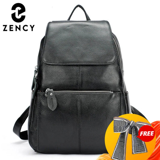 Zency Stylish Black White Genuine Leather Women Backpack A++ Quality Anti-theft Large Capacity Knapsack Travel Designer Rucksack