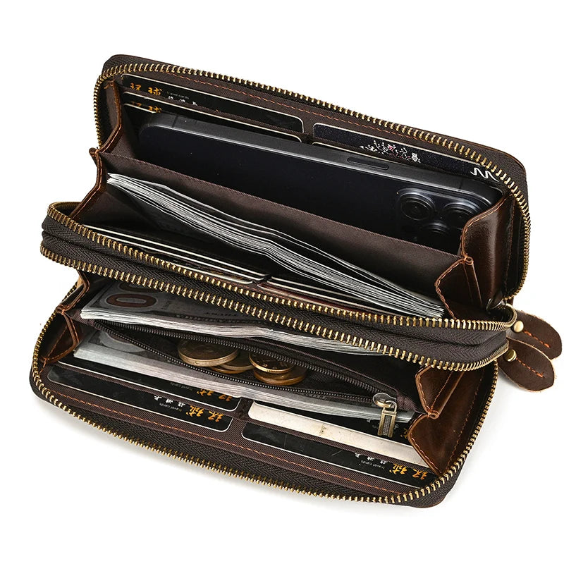 Luufan Vintage Crazy Horse Leather Men Women Long Purse Wallet Credit Card Double Zip Wallets Long Wallet Male Clutch Purse