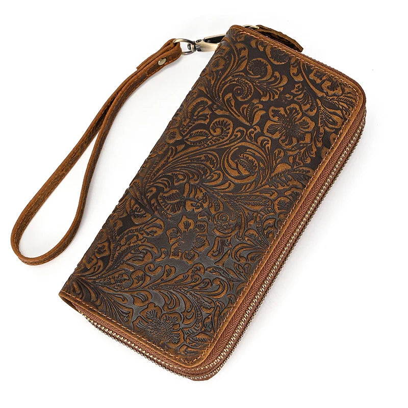 Luufan Vintage Crazy Horse Leather Men Women Long Purse Wallet Credit Card Double Zip Wallets Long Wallet Male Clutch Purse