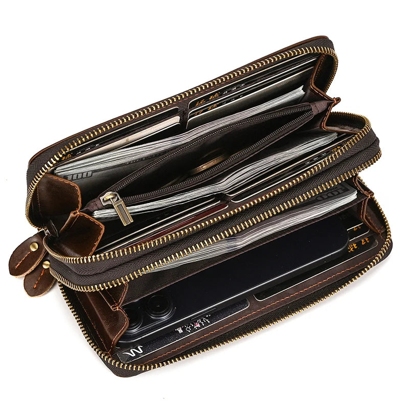 Luufan Vintage Crazy Horse Leather Men Women Long Purse Wallet Credit Card Double Zip Wallets Long Wallet Male Clutch Purse
