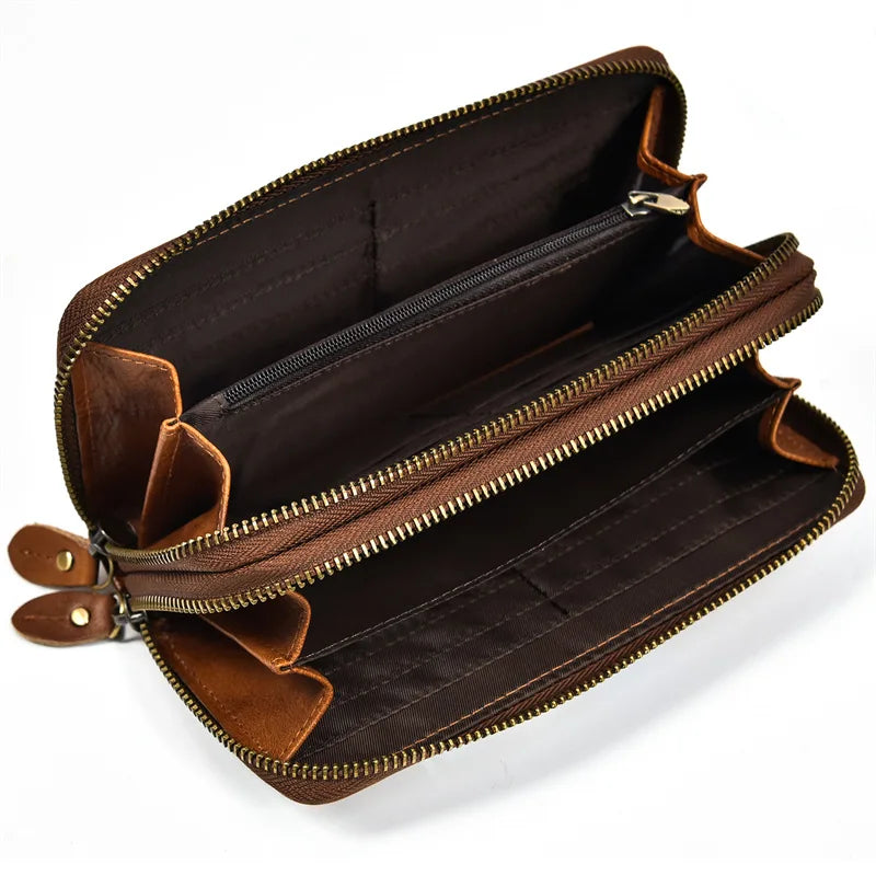 Luufan Vintage Crazy Horse Leather Men Women Long Purse Wallet Credit Card Double Zip Wallets Long Wallet Male Clutch Purse