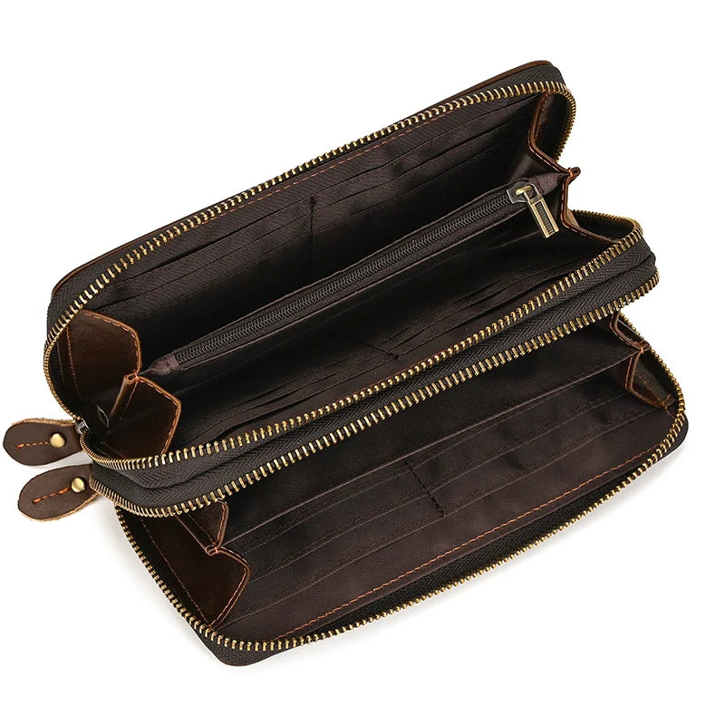 Luufan Vintage Crazy Horse Leather Men Women Long Purse Wallet Credit Card Double Zip Wallets Long Wallet Male Clutch Purse