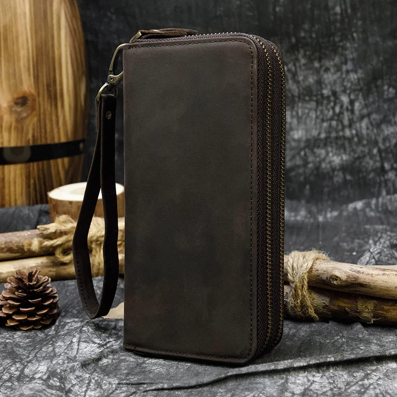 Luufan Vintage Crazy Horse Leather Men Women Long Purse Wallet Credit Card Double Zip Wallets Long Wallet Male Clutch Purse