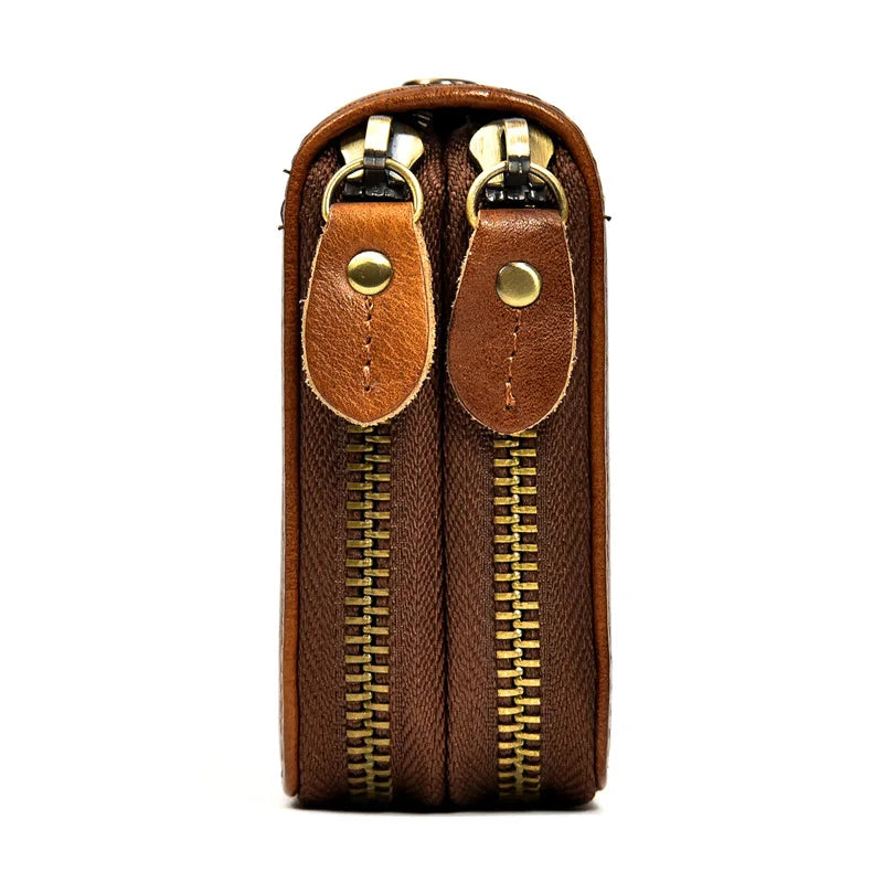 Luufan Vintage Crazy Horse Leather Men Women Long Purse Wallet Credit Card Double Zip Wallets Long Wallet Male Clutch Purse