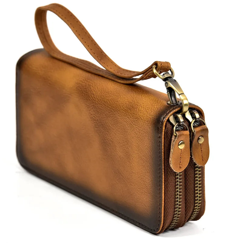 Luufan Vintage Crazy Horse Leather Men Women Long Purse Wallet Credit Card Double Zip Wallets Long Wallet Male Clutch Purse
