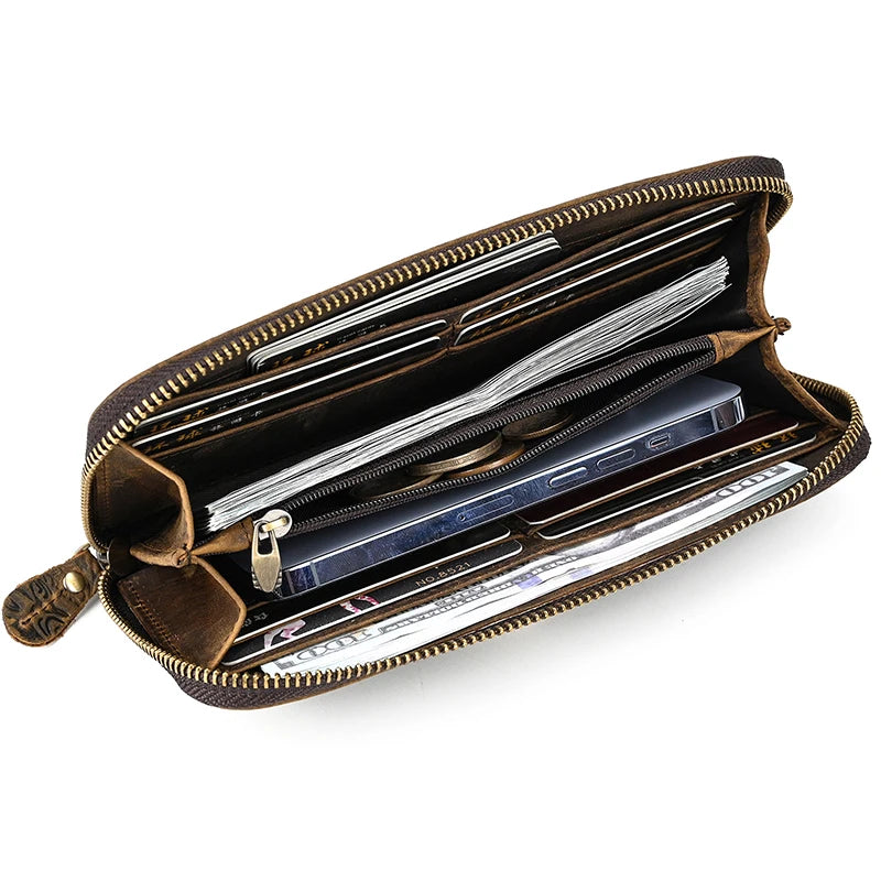 Luufan Vintage Crazy Horse Leather Men Women Long Purse Wallet Credit Card Double Zip Wallets Long Wallet Male Clutch Purse