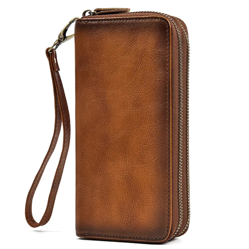 Luufan Vintage Crazy Horse Leather Men Women Long Purse Wallet Credit Card Double Zip Wallets Long Wallet Male Clutch Purse