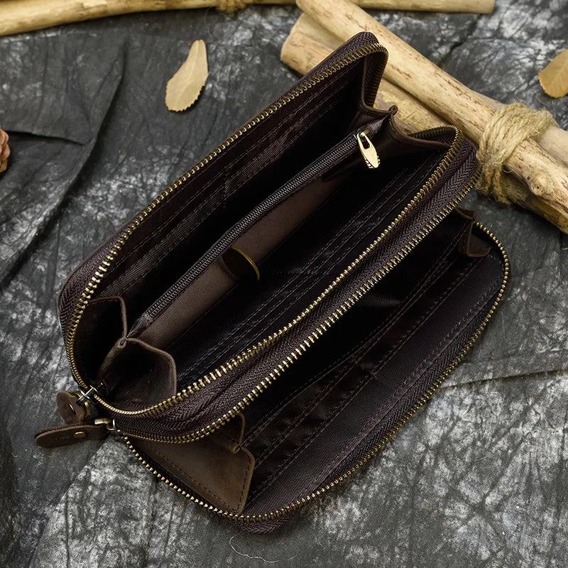 Luufan Vintage Crazy Horse Leather Men Women Long Purse Wallet Credit Card Double Zip Wallets Long Wallet Male Clutch Purse