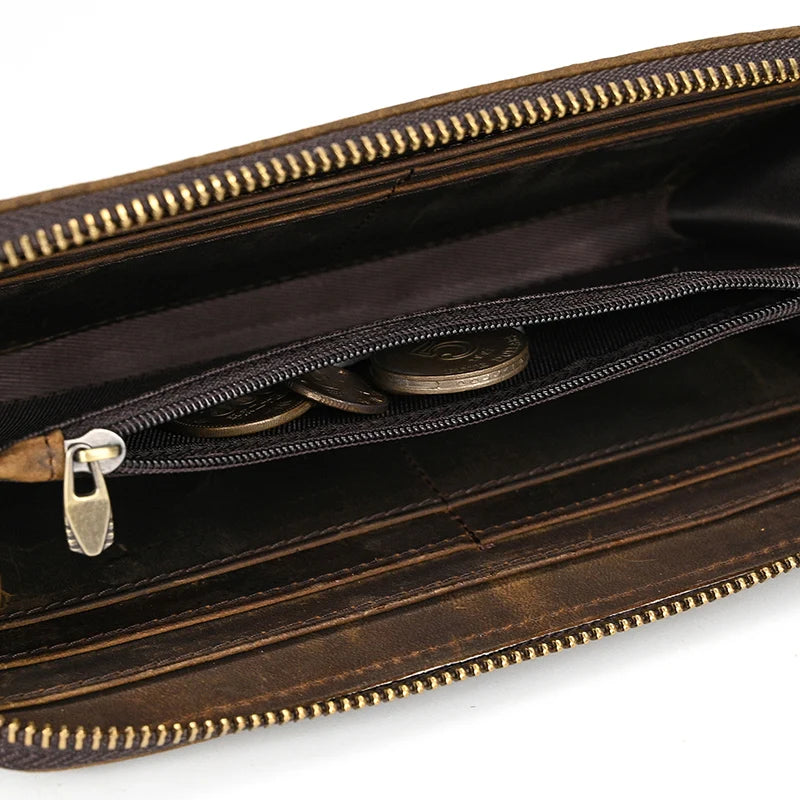 Luufan Vintage Crazy Horse Leather Men Women Long Purse Wallet Credit Card Double Zip Wallets Long Wallet Male Clutch Purse