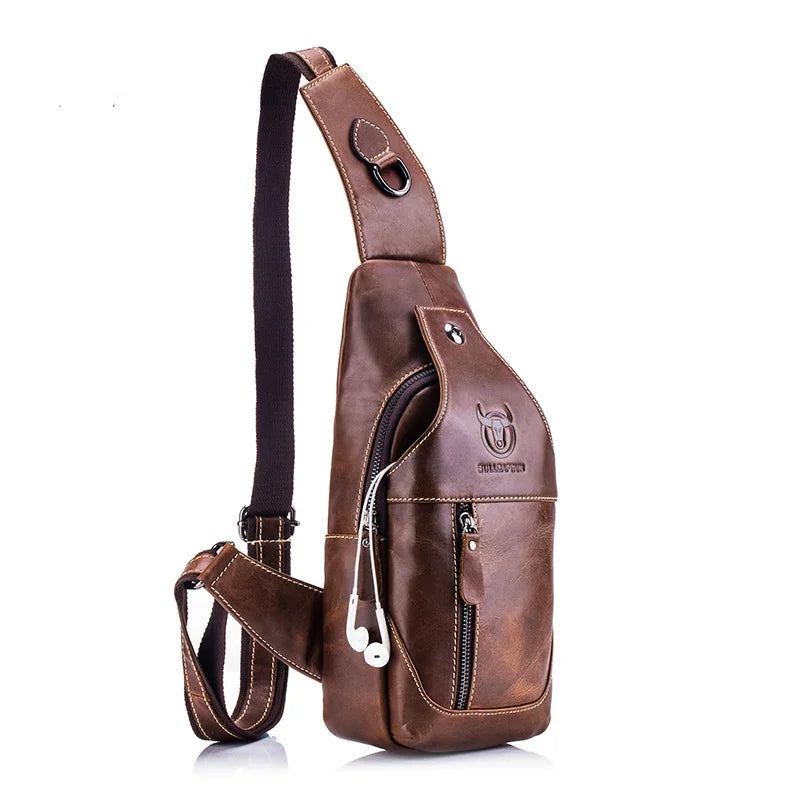BULLCAPTAIN  Leather Messenger Bags Men's Casual Bag For Men Chest Bag Brand Designer Multi-Function Headphone Jack Chest Pack