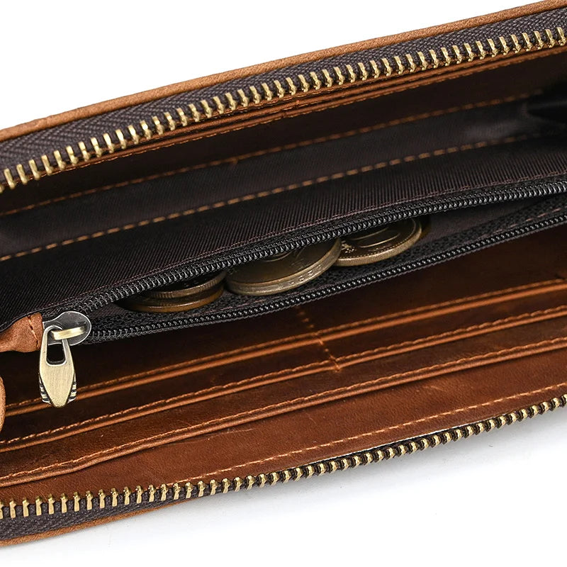 Luufan Vintage Crazy Horse Leather Men Women Long Purse Wallet Credit Card Double Zip Wallets Long Wallet Male Clutch Purse