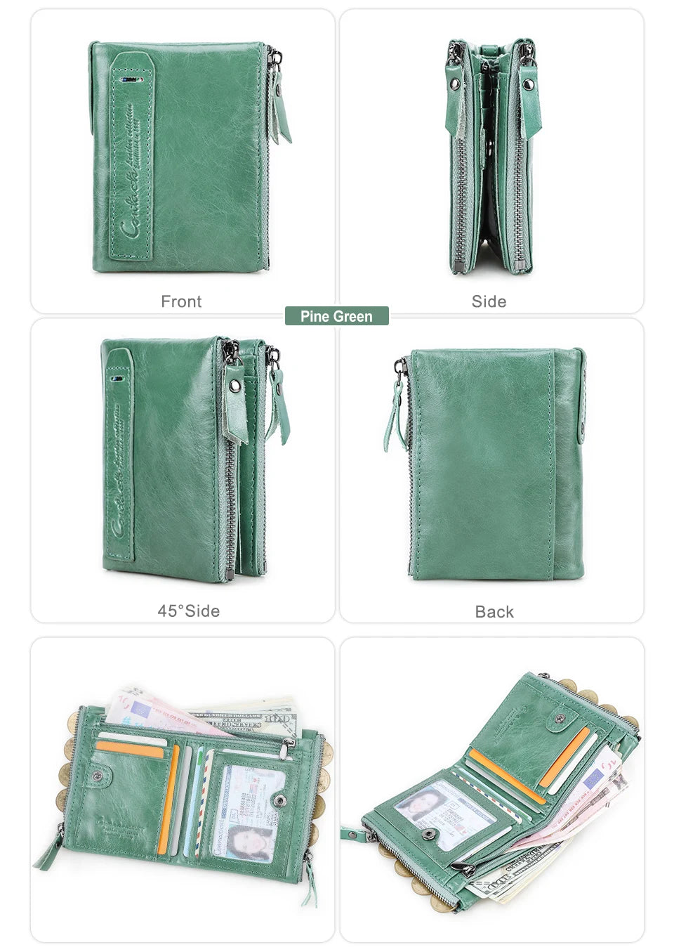 Fashion Genuine Leather Women Wallet Bi-fold Wallets Red ID Card Holder Coin Purse With Double Zipper Small Women's Purse 2022
