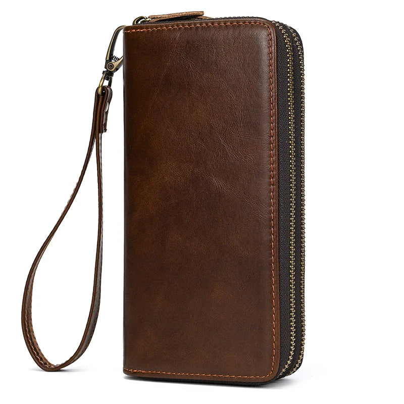 Luufan Vintage Crazy Horse Leather Men Women Long Purse Wallet Credit Card Double Zip Wallets Long Wallet Male Clutch Purse