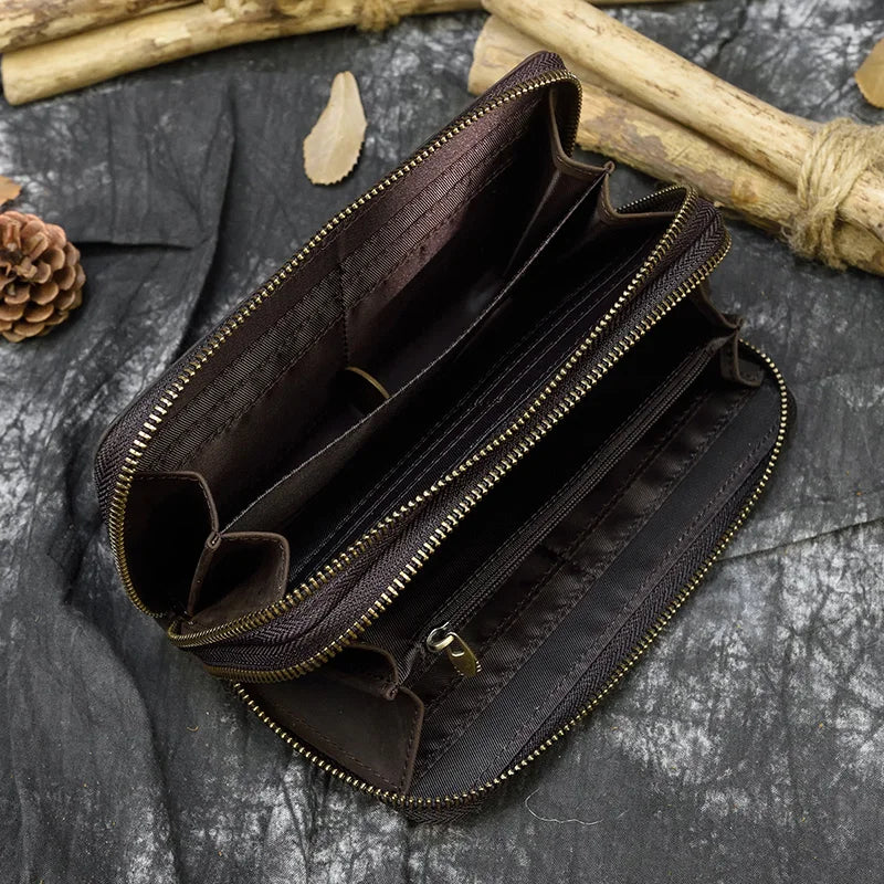 Luufan Vintage Crazy Horse Leather Men Women Long Purse Wallet Credit Card Double Zip Wallets Long Wallet Male Clutch Purse