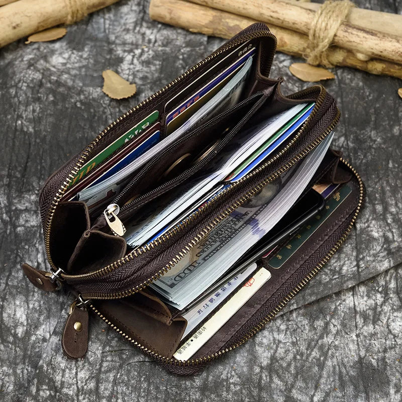 Luufan Vintage Crazy Horse Leather Men Women Long Purse Wallet Credit Card Double Zip Wallets Long Wallet Male Clutch Purse