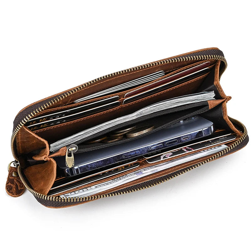 Luufan Vintage Crazy Horse Leather Men Women Long Purse Wallet Credit Card Double Zip Wallets Long Wallet Male Clutch Purse