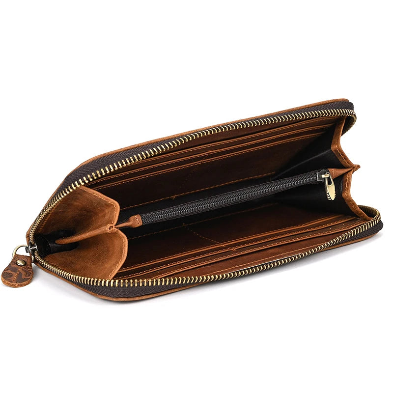 Luufan Vintage Crazy Horse Leather Men Women Long Purse Wallet Credit Card Double Zip Wallets Long Wallet Male Clutch Purse