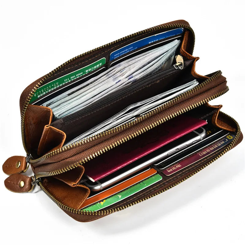 Luufan Vintage Crazy Horse Leather Men Women Long Purse Wallet Credit Card Double Zip Wallets Long Wallet Male Clutch Purse