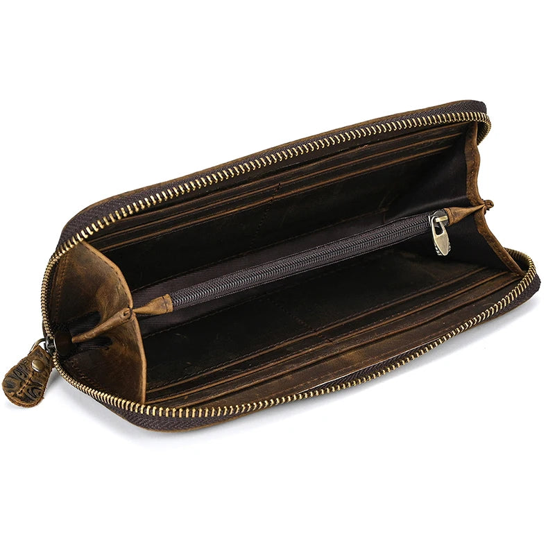 Luufan Vintage Crazy Horse Leather Men Women Long Purse Wallet Credit Card Double Zip Wallets Long Wallet Male Clutch Purse